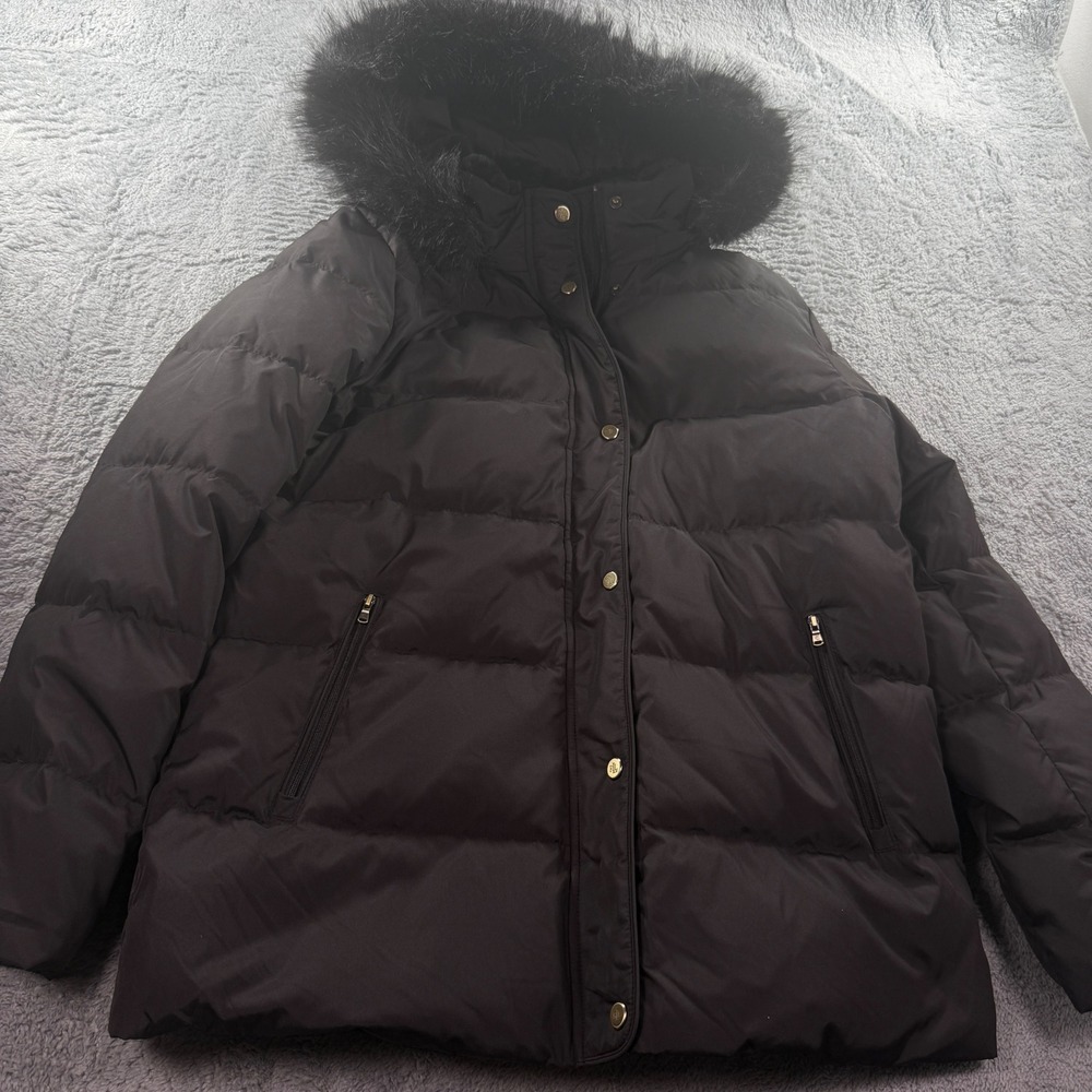 Lauren Ralph Lauren Black Down Puffer Jacket Faux Fur Hood Chain Print Lining L
